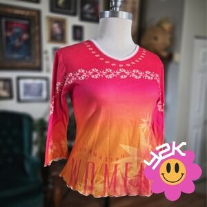 Y2K Mary Kay Pink Ombré Graphic Mesh Long Sleeve Top Y2K Fairycore